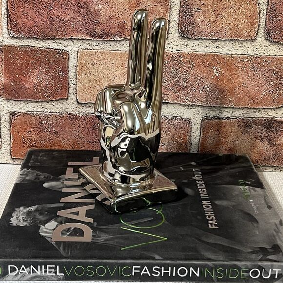 Ceramic Peace Sign Hand Sculpture Figurine Metallic Silver Tone BOHO Decor - Picture 13 of 16
